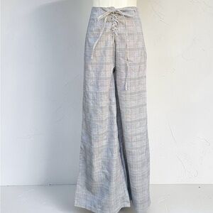 Wide Leg Plaid Lace-Up Waist Pants in Light Gray